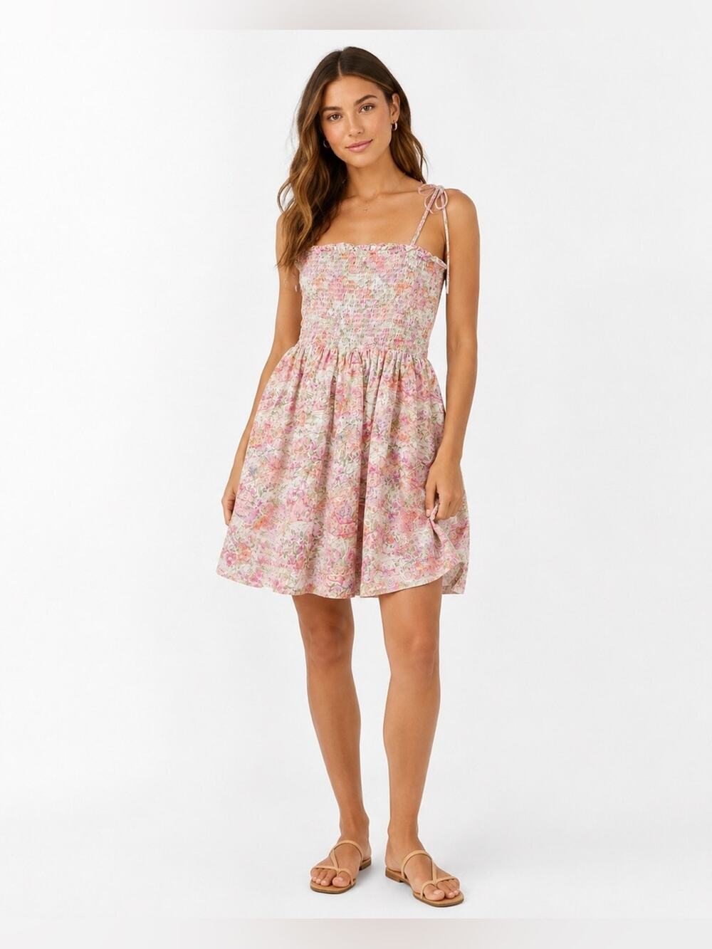 Lush Pink Multi Floral Smocked Tie Strap Dress Size Medium